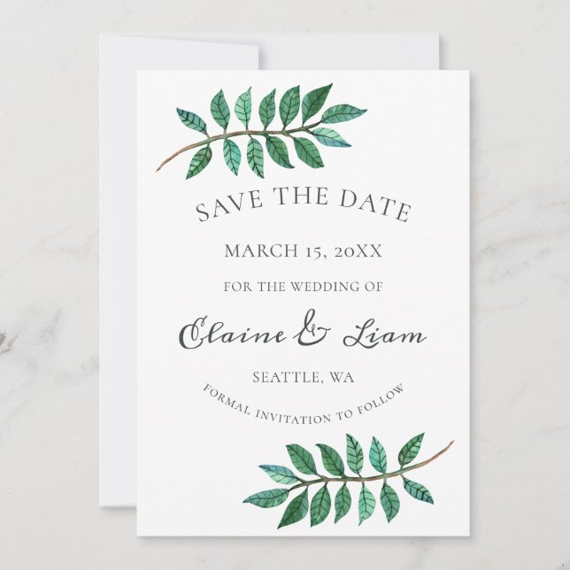 Watercolor Foliage Greenery Wedding Save The Date (Front)