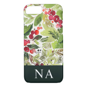 Watercolor foliage monogram initial Christmas Case-Mate iPhone Case