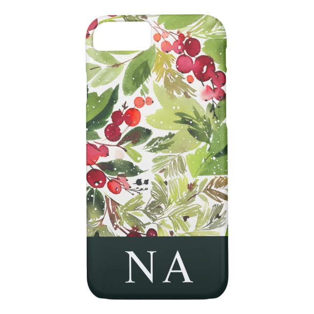 Watercolor foliage monogram initial Christmas Case-Mate iPhone Case (Back)