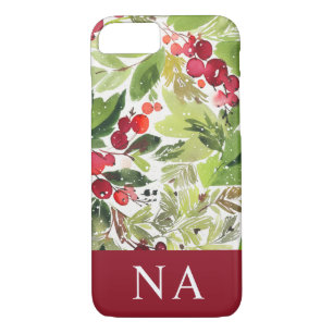 Watercolor foliage monogram initial Christmas Case-Mate iPhone Case