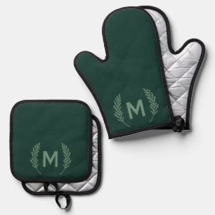 Watercolor Foliage Monogram Modern Custom Oven Mitt & Pot Holder Set