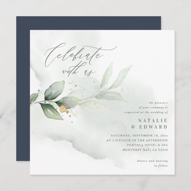 Watercolor foliage, navy blue and gold wedding (Front/Back)