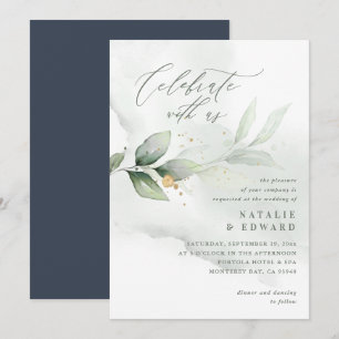 Watercolor foliage, navy blue and gold wedding