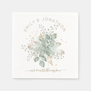 Watercolor Foliage Sage Gold Couples Names Napkin