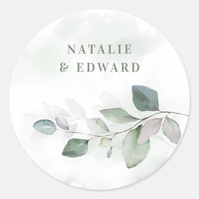 Watercolor foliage wedding favour classic round sticker (Front)