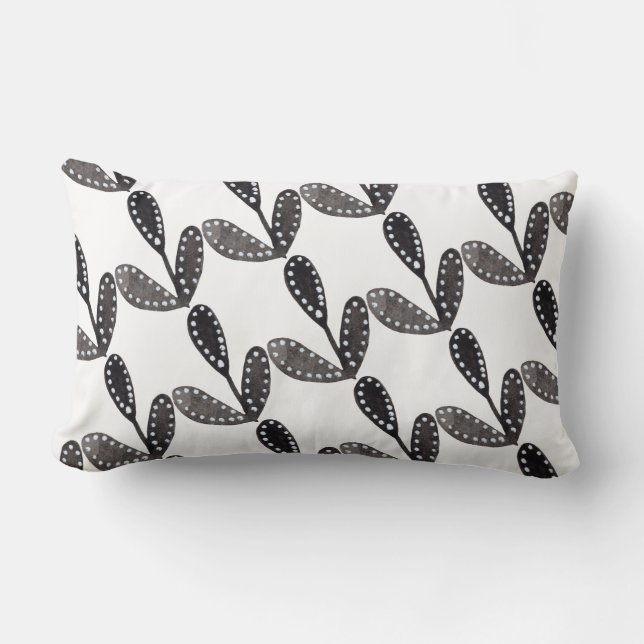 Watercolor Folk Art Black Leaves Lumbar Pillow (Front)