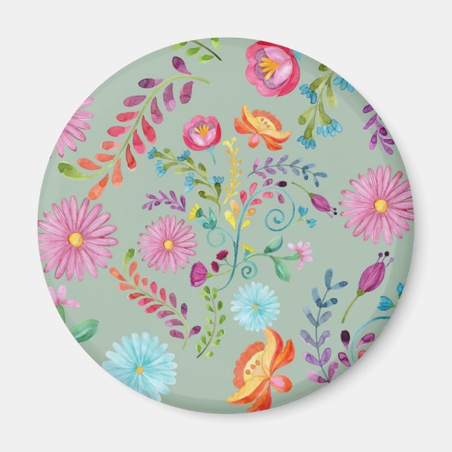 Watercolor Folk Flowers - Customizable Magnet (Front)