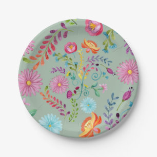 Watercolor Folk Flowers - Customizable Paper Plate