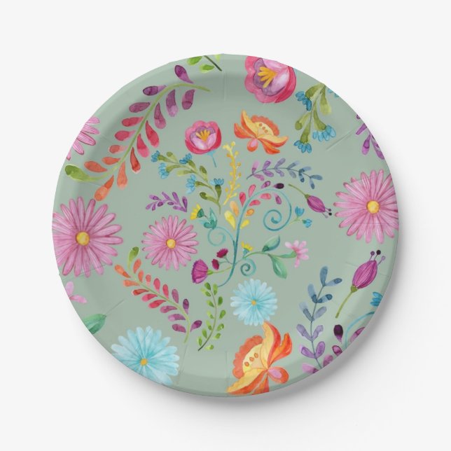 Watercolor Folk Flowers - Customizable Paper Plate (Front)