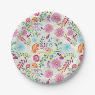 Watercolor Folk Flowers - Customizable Paper Plate