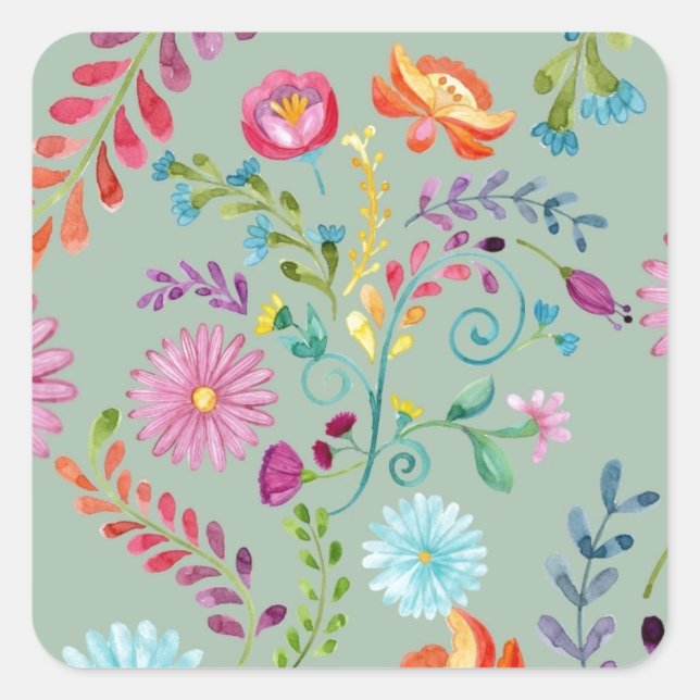 Watercolor Folk Flowers - Customizable Square Sticker (Front)