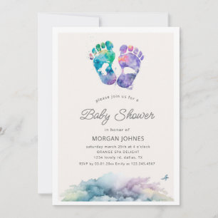 watercolor foot stamp baby shower invitation