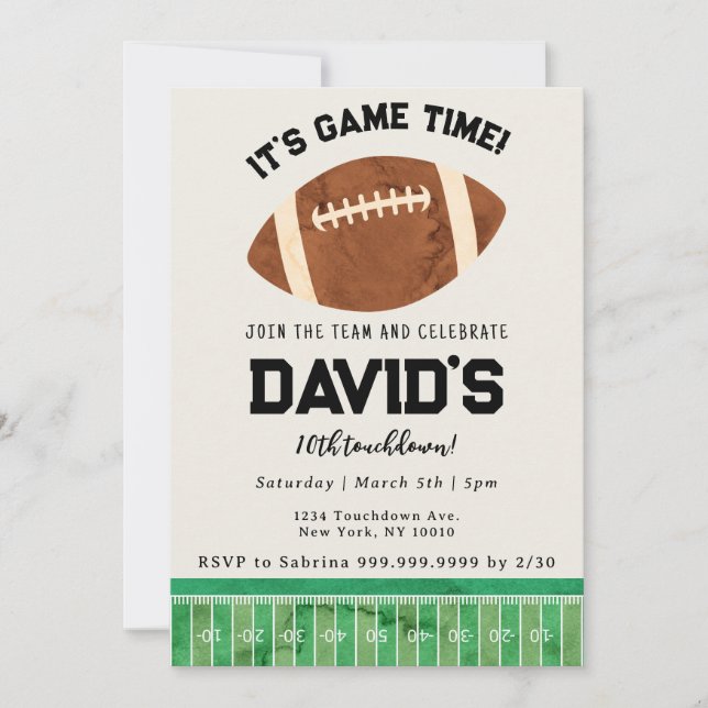 Watercolor Football Birthday Invitation for Boys (Front)