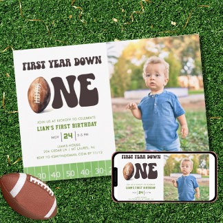 Watercolor Football First Year Down 1st Birthday  Invitation