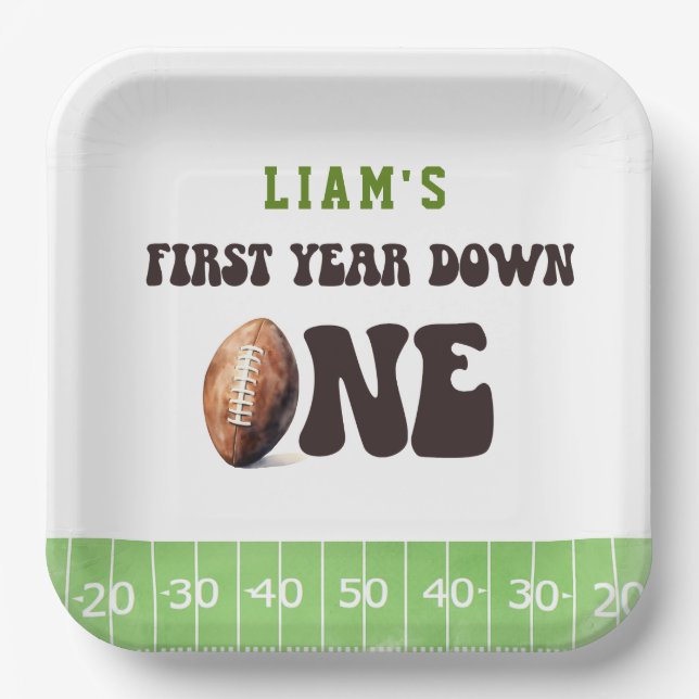 Watercolor Football First Year Down 1st Birthday  Paper Plate (Front)