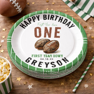 Watercolor Football First Year Down   1st Birthday Paper Plate