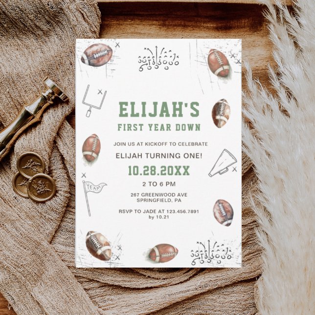 Watercolor Football First Year Down Birthday  Invitation (Creator Uploaded)