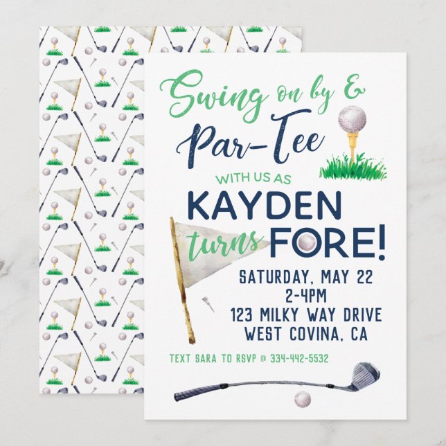 Watercolor FORE Golf Birthday Invitation (Front/Back)