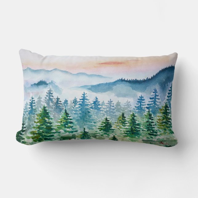 Watercolor forest and mountains lumbar pillow (Front)
