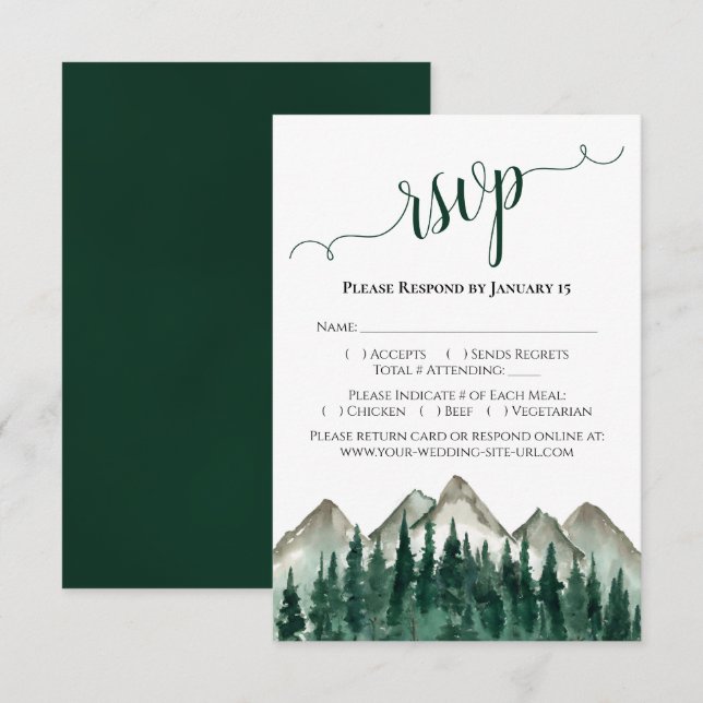 Watercolor Forest and Mountains Rustic Wedding RSVP Card (Front/Back)