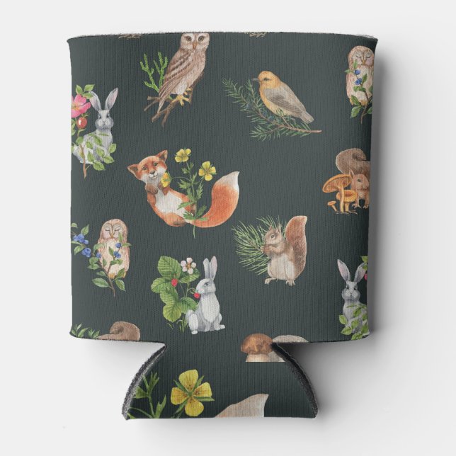 Watercolor Forest Animals: Cute Seamless Can Cooler (Front)