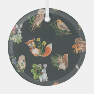 Watercolor Forest Animals: Cute Seamless Glass Ornament