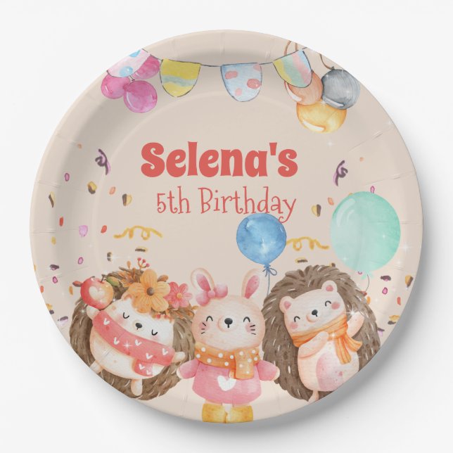 Watercolor forest animals kid paper plate (Front)