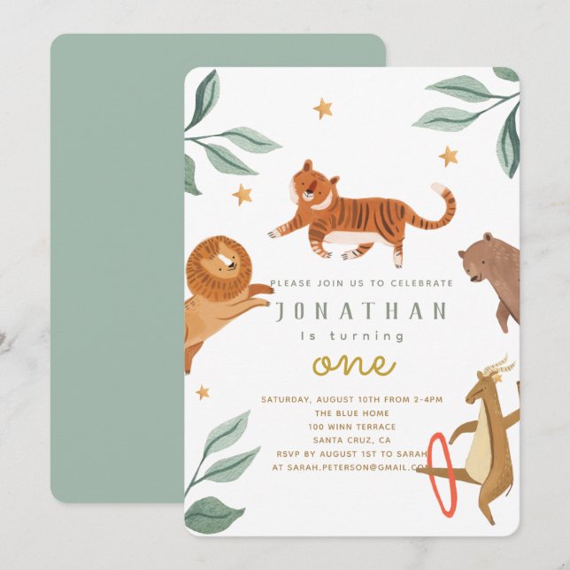 Watercolor forest animals turning one birthday (Front/Back)