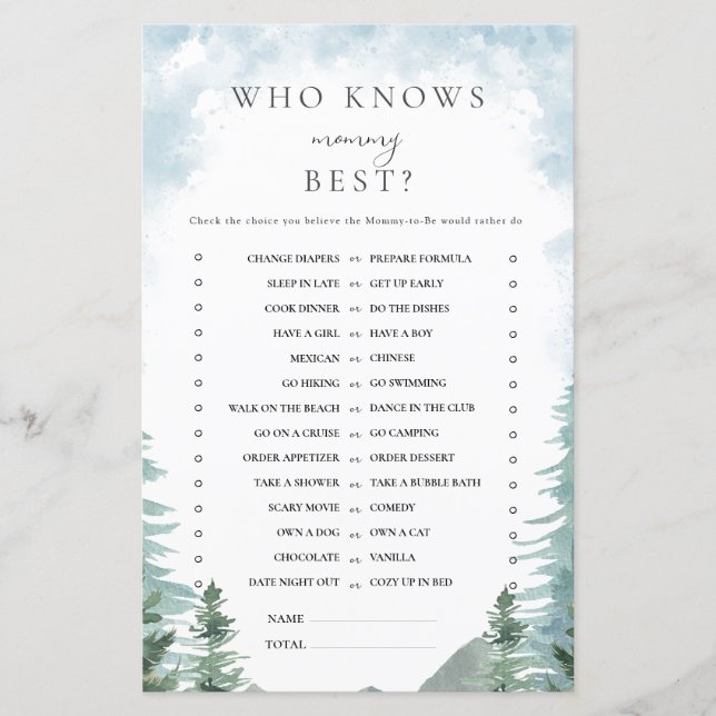 Watercolor Forest Baby Shower Mommy Game (Front)