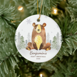 Watercolor Forest Bear Baby's First Christmas Ceramic Ornament