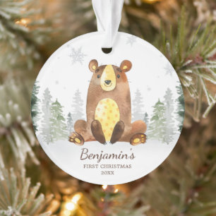 Watercolor Forest Bear Baby's First Christmas Ornament