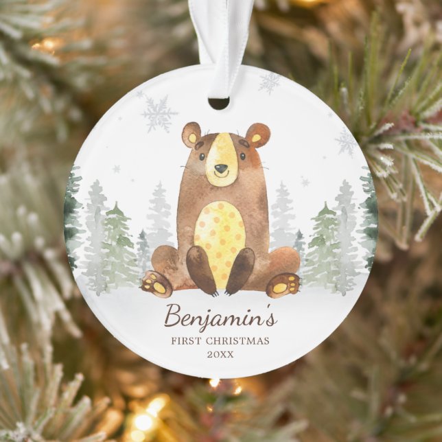 Watercolor Forest Bear Baby's First Christmas Ornament (Tree)
