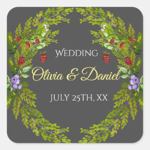 Watercolor forest berries wedding wreath square sticker