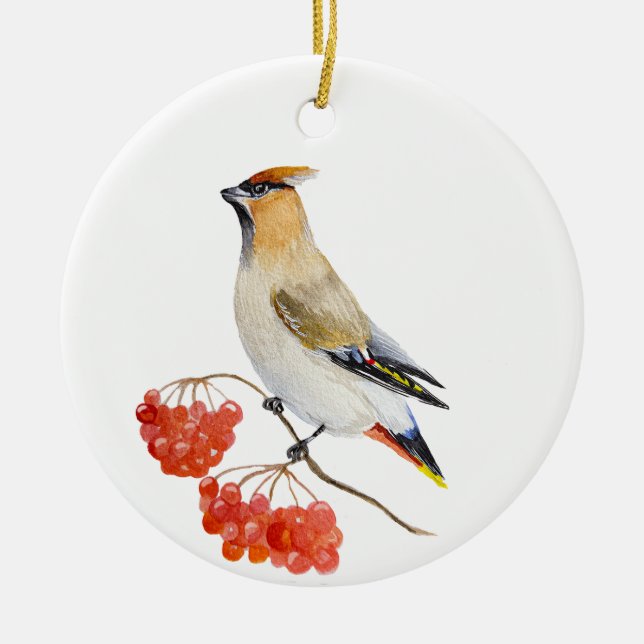 Watercolor forest bird waxwing ceramic ornament (Front)