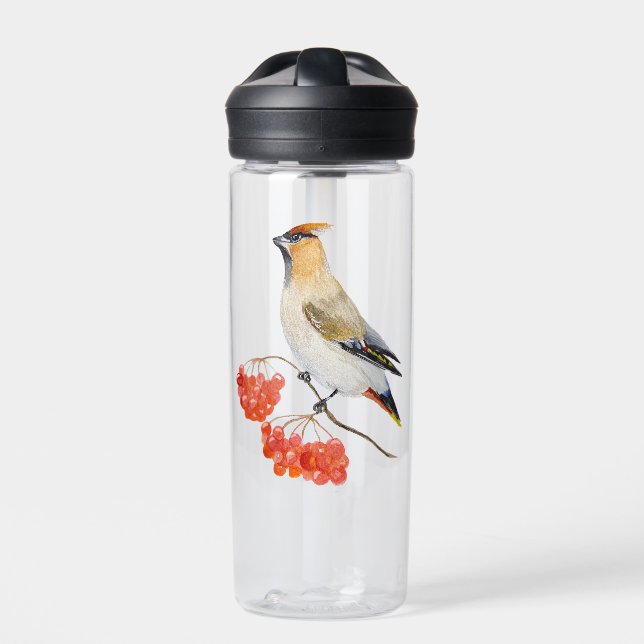Watercolor forest bird waxwing water bottle (Front)