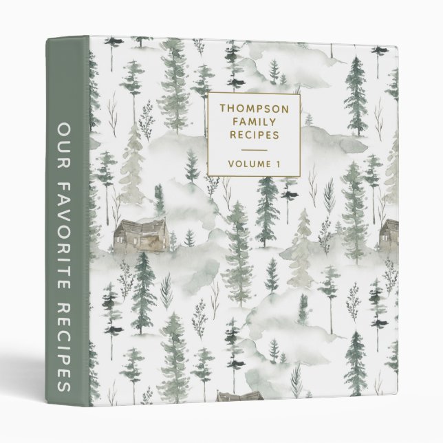 Watercolor Forest Cabin Green Favourite Recipes Binder (Front/Spine)