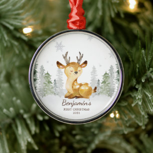 Watercolor Forest Deer Baby's First Christmas Metal Ornament