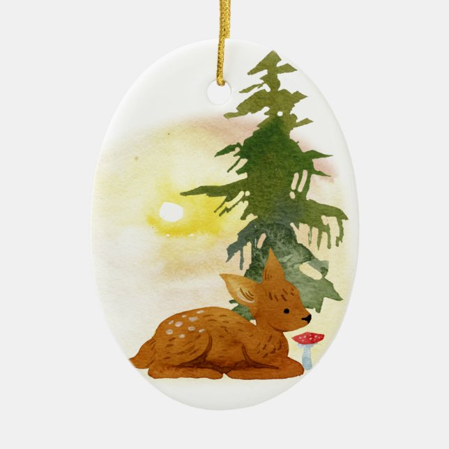 Watercolor Forest Fawn Ceramic Ornament (Front)