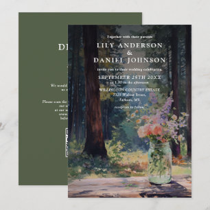 Watercolor Forest Floral Mason Jar QR Code Wedding Invitation