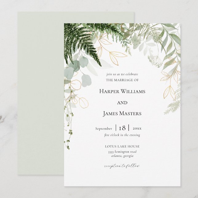 Watercolor Forest Greenery and Gold Wedding Invitation (Front/Back)
