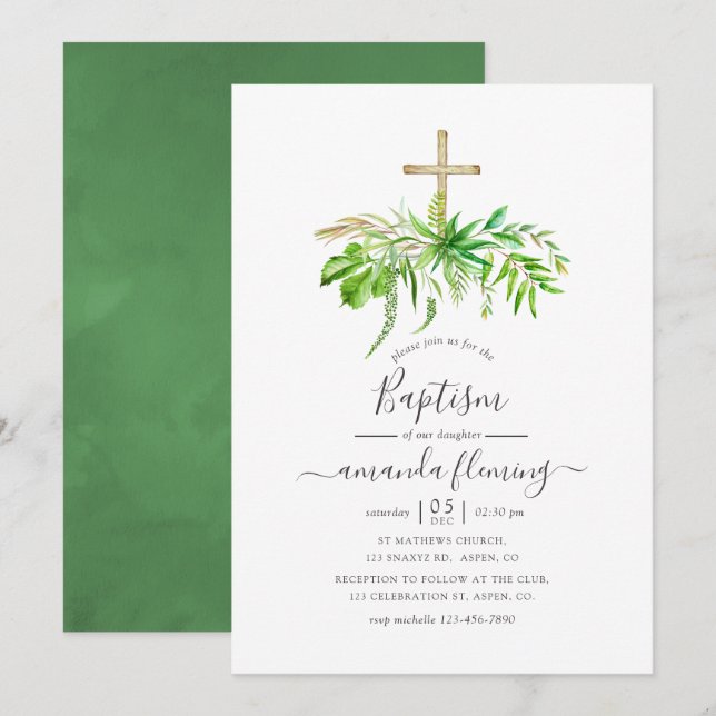 Watercolor Forest Greenery Baptism Invitation (Front/Back)