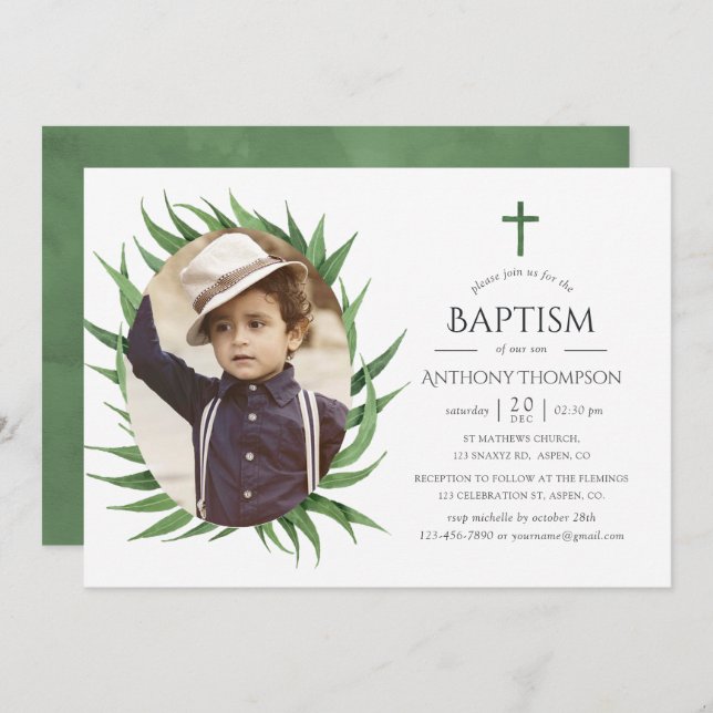 Watercolor Forest Greenery Baptism or Christening Invitation (Front/Back)