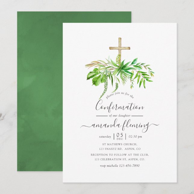 Watercolor Forest Greenery Confirmation Invitation (Front/Back)