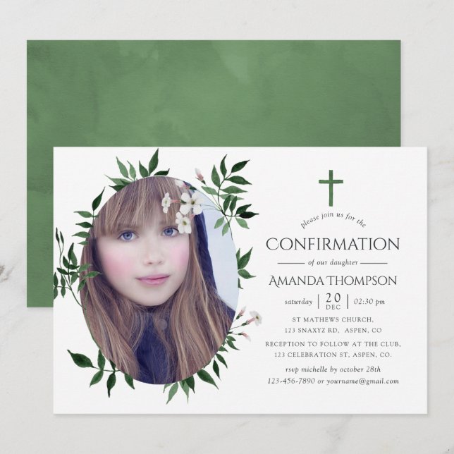 Watercolor Forest Greenery Confirmation Invitation (Front/Back)