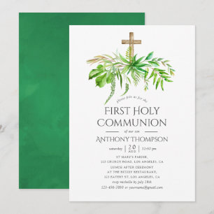 Watercolor Forest Greenery First Holy Communion Invitation
