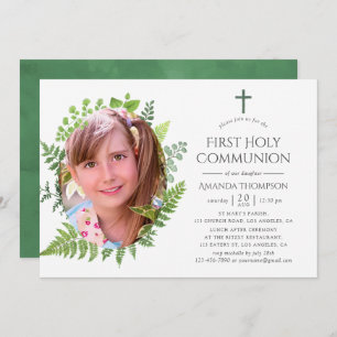 Watercolor Forest Greenery First Holy Communion Invitation