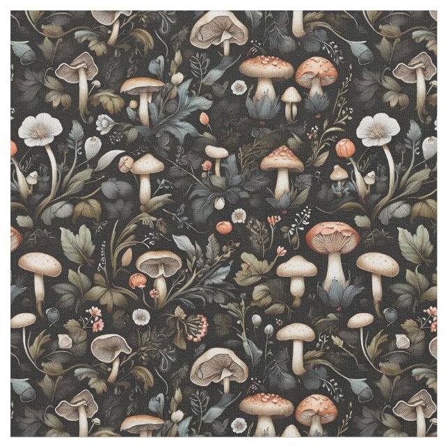 Watercolor Forest Greenery Mushrooms Fall Fabric (Close Up)