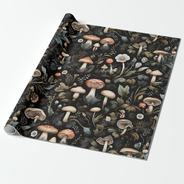 Watercolor Forest Greenery Mushrooms Fall Wrapping Paper (Unrolled)