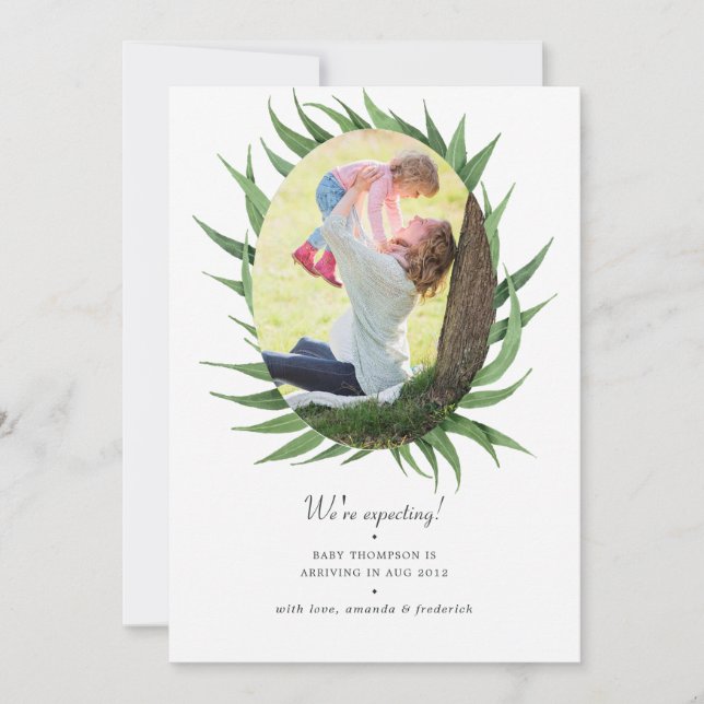 Watercolor Forest Greenery Photo Pregnancy Announcement (Front)