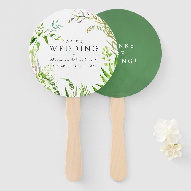 Watercolor Forest Greenery Wedding Favour Hand Fan (Front and Back)